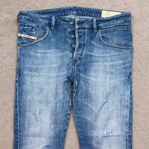 Diesel D-Bazer Jeans Men 33x32 Blue Tapered Leg Stretch Thrashed Repaired 0097Y